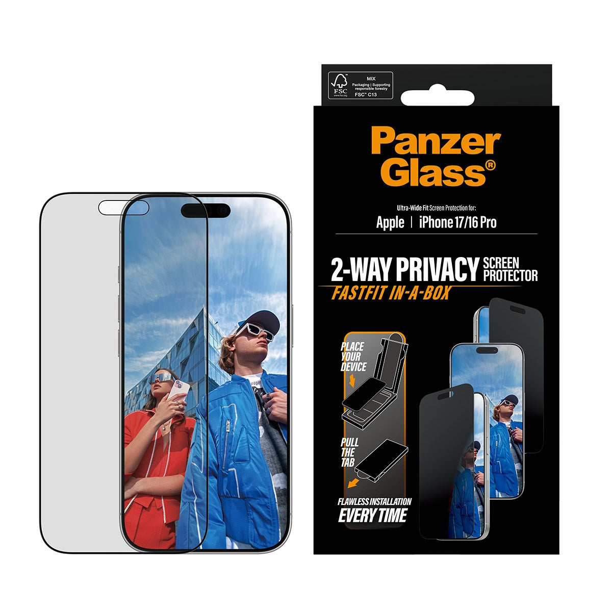 PanzerGlass® Privacy Screen Protector w. Black Frame iPhone 17 | iPhone 16 Pro | Ultra-Wide Fit w. FASTFIT IN-A-BOX